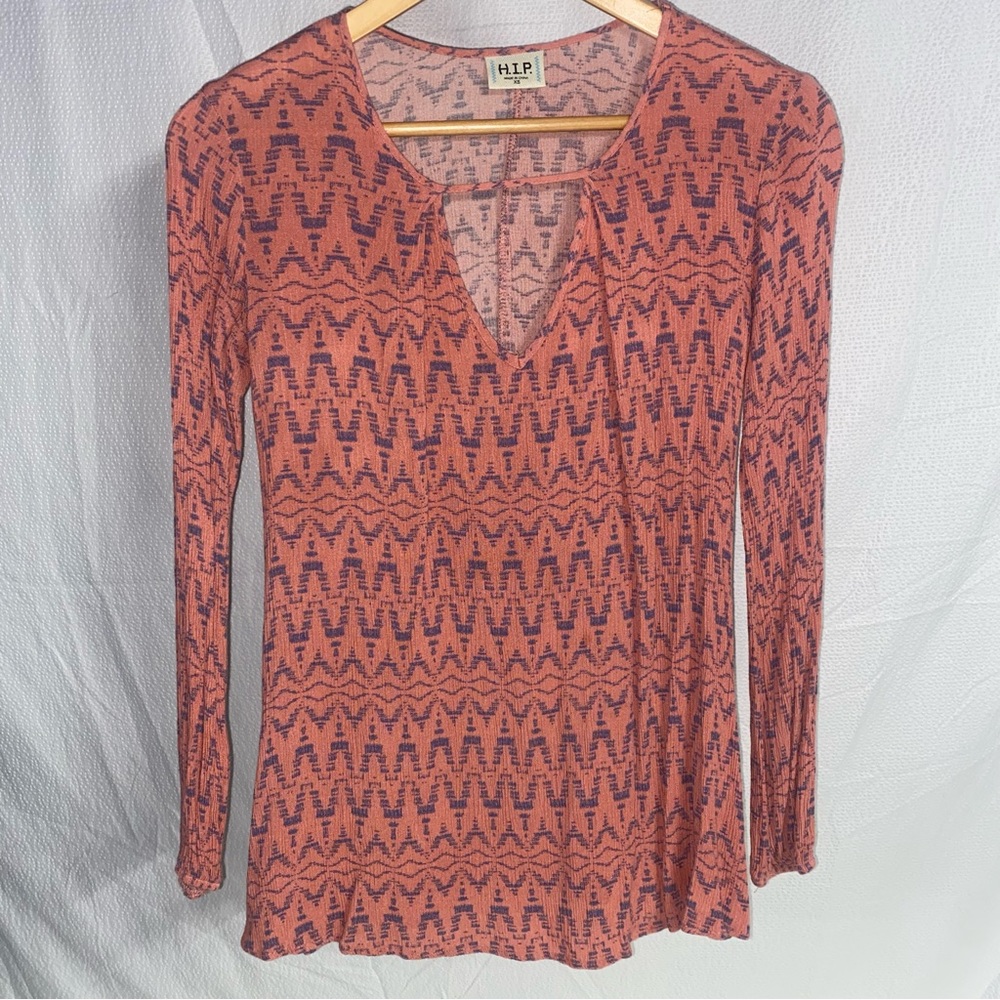 h.i.p. Rust Orange Aztec-Print Long Sleeve Top